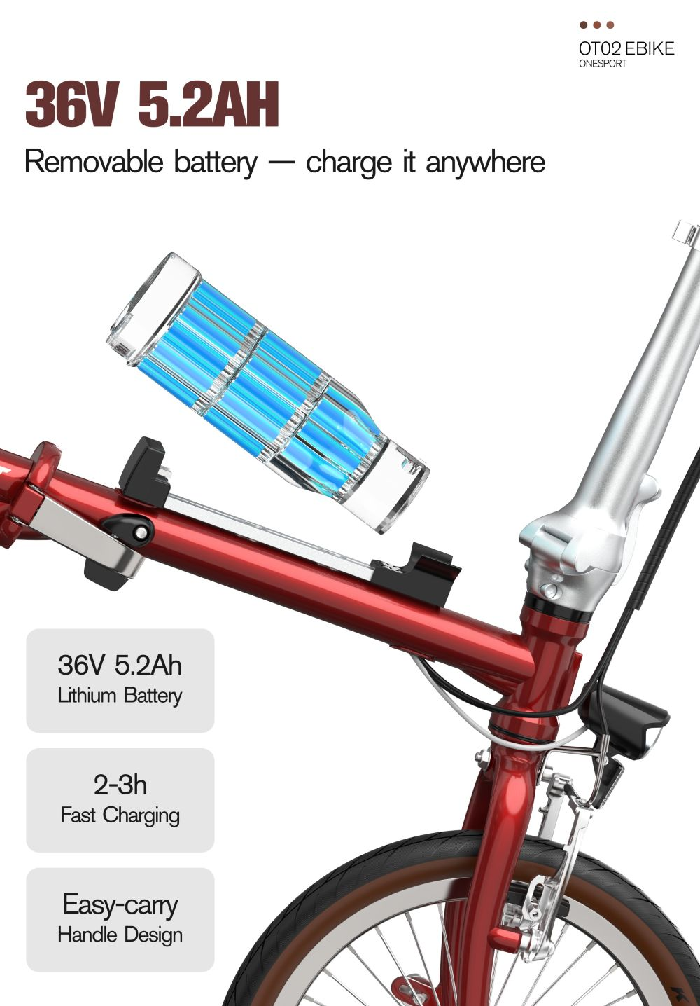 Una bicicleta eléctrica presenta un marco rojo, una batería extraíble y texto que describe sus características y capacidades de carga.