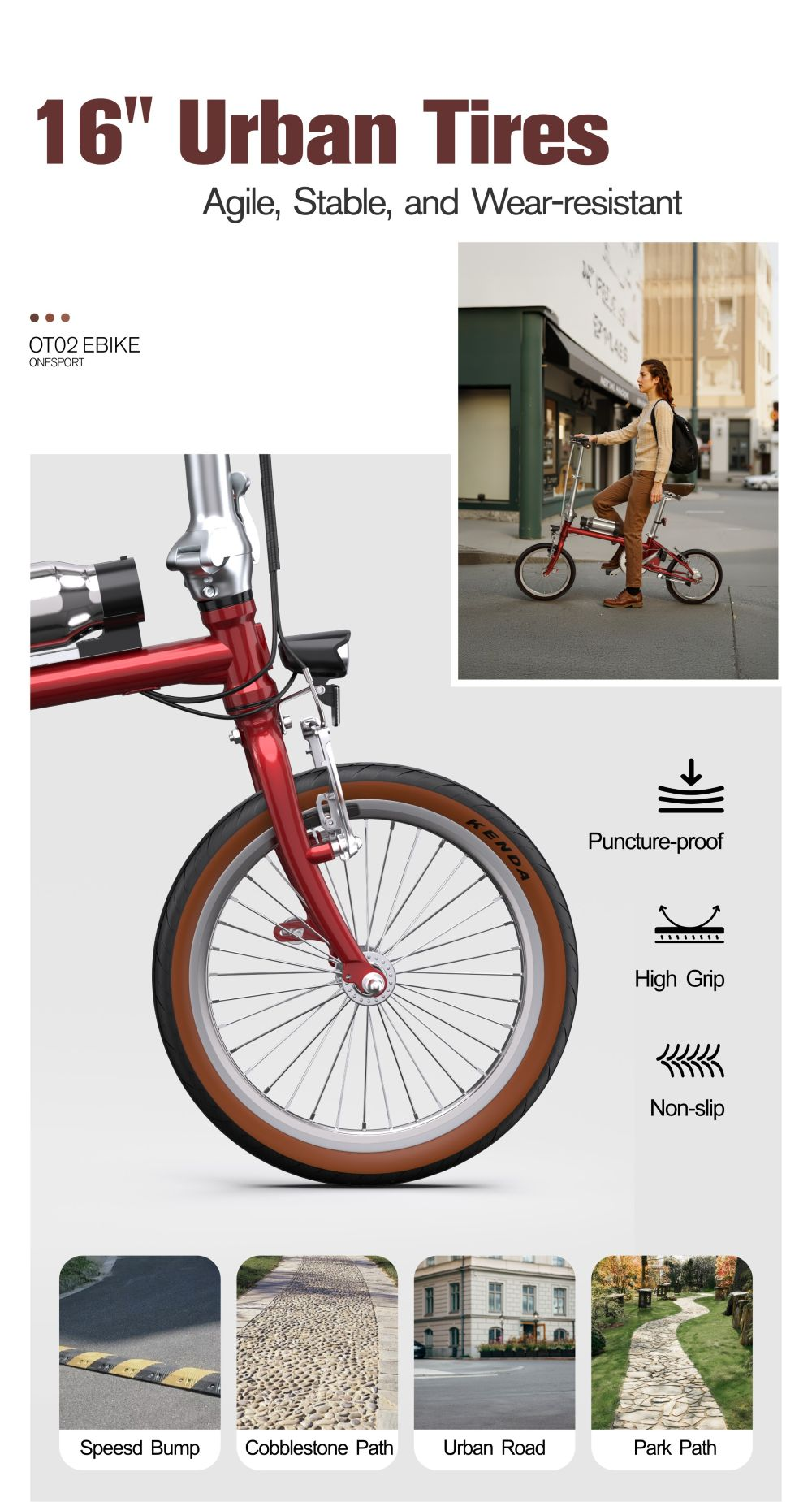 Una imagen que muestra una bicicleta urbana roja con un neumático marrón. Incluye iconos a prueba de pinchazos, alto agarre y antideslizante.