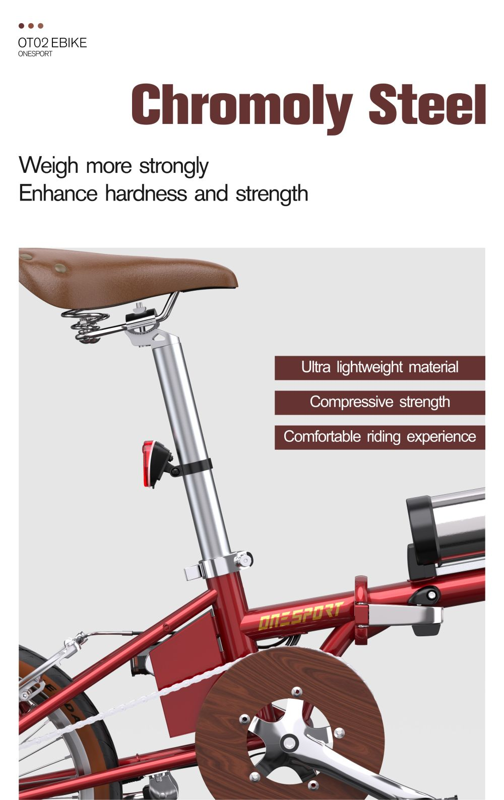 Una bicicleta roja y plateada con asiento marrón. El texto dice Chromoly Steel, destacando la resistencia y el material ligero.