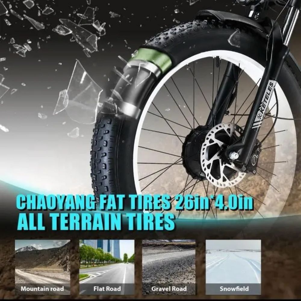 Primer plano de una rueda de bicicleta con neumático ancho. Texto: 'CHAOYANG FAT TIRES 26in 4.0in ALL TERRAIN TIRES'. Abajo: imágenes de tipos de carreteras.