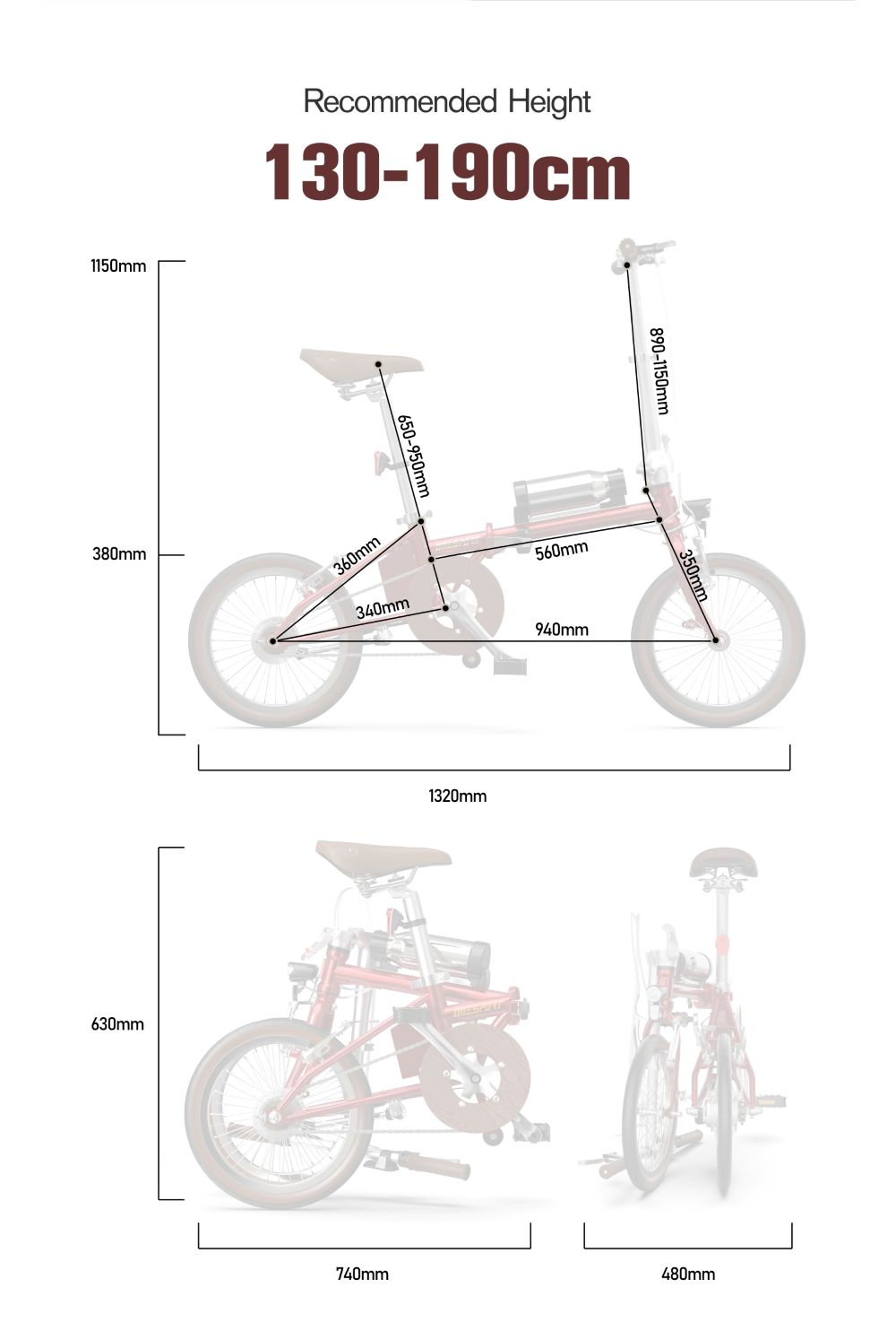 Diagramma di una bici pieghevole con dimensioni etichettate. Include viste piegate e spiegate. Testo: Altezza consigliata 130-190cm.