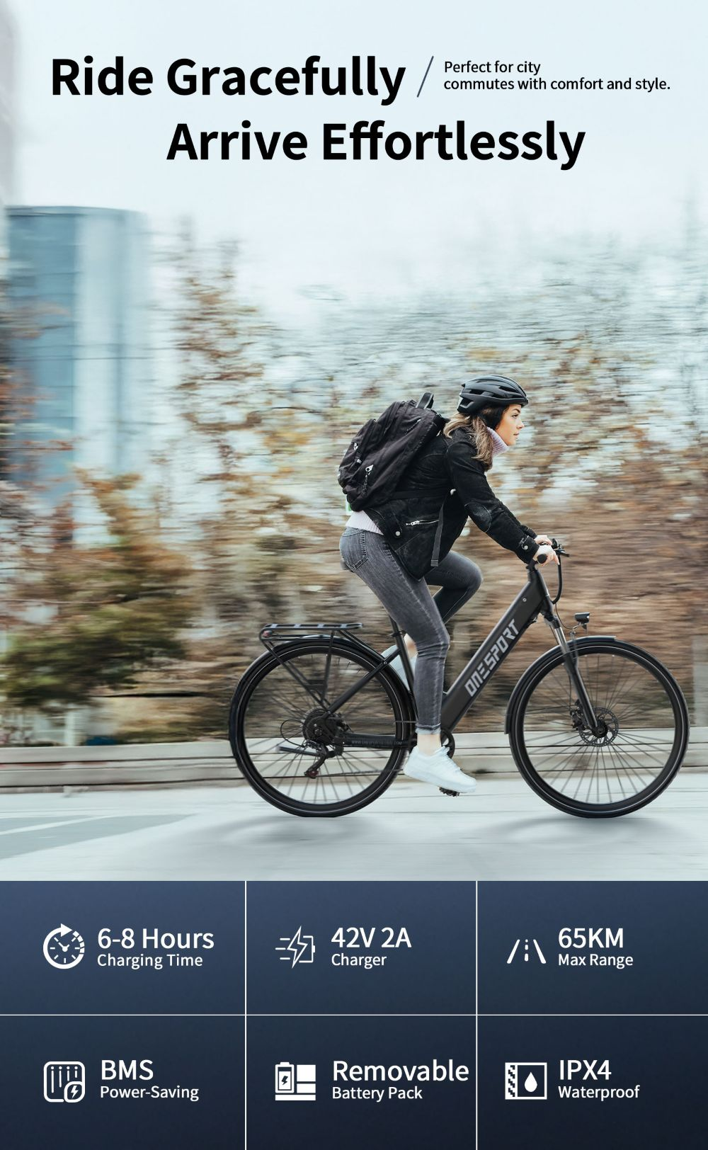 Una mujer monta en bicicleta eléctrica. La bicicleta es negra. El fondo muestra árboles borrosos y una carretera.