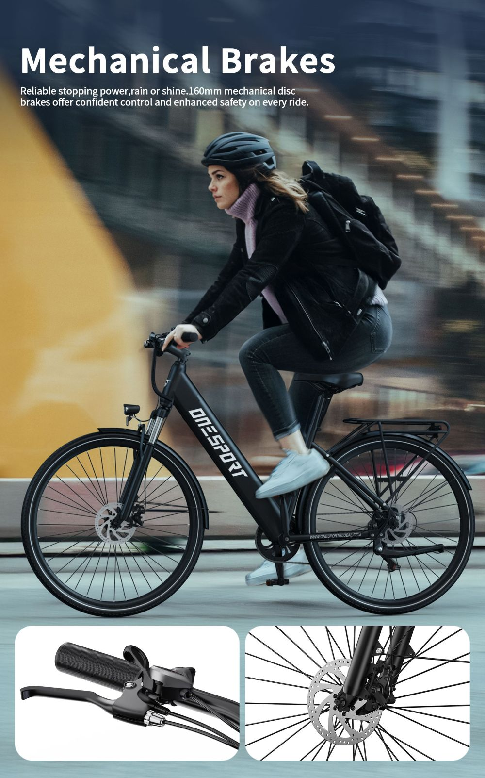 Una mujer monta una bicicleta Onesport negra. La imagen destaca los frenos mecánicos. El fondo está borroso.