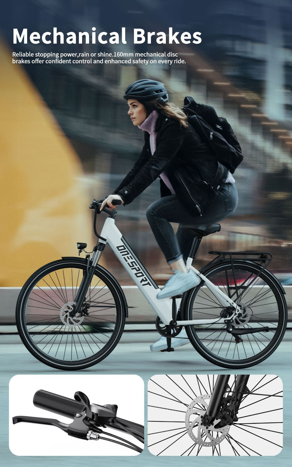 Una mujer monta en bicicleta blanca y negra. El texto 'Mechanical Brakes' está en la parte superior. Los detalles de los frenos se muestran a continuación.