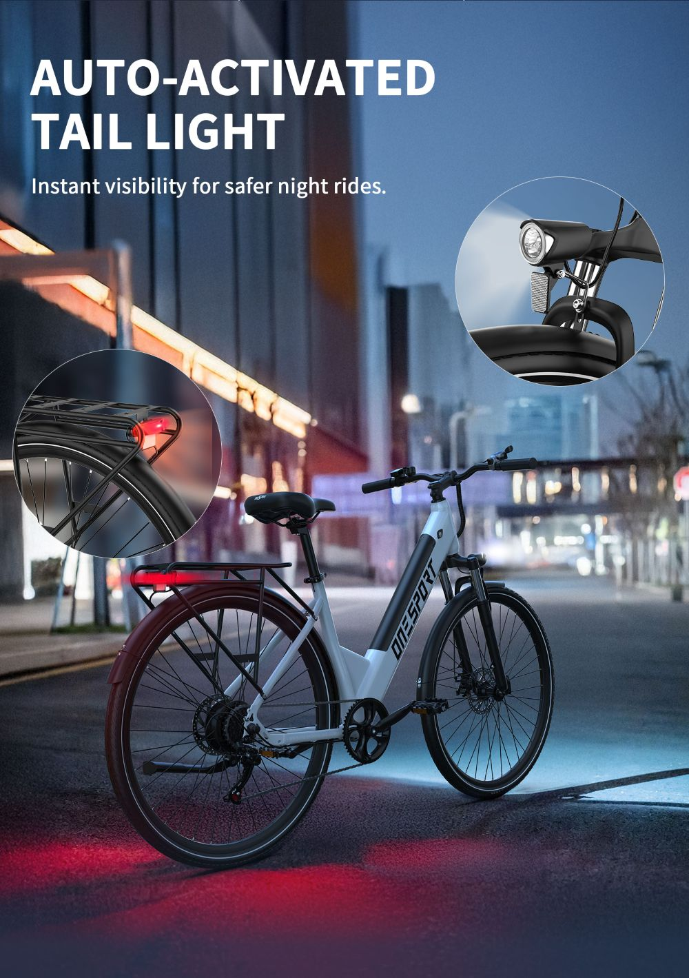 Una bicicleta eléctrica se muestra de noche con luces encendidas. La bicicleta es blanca y negra, con una luz trasera roja.