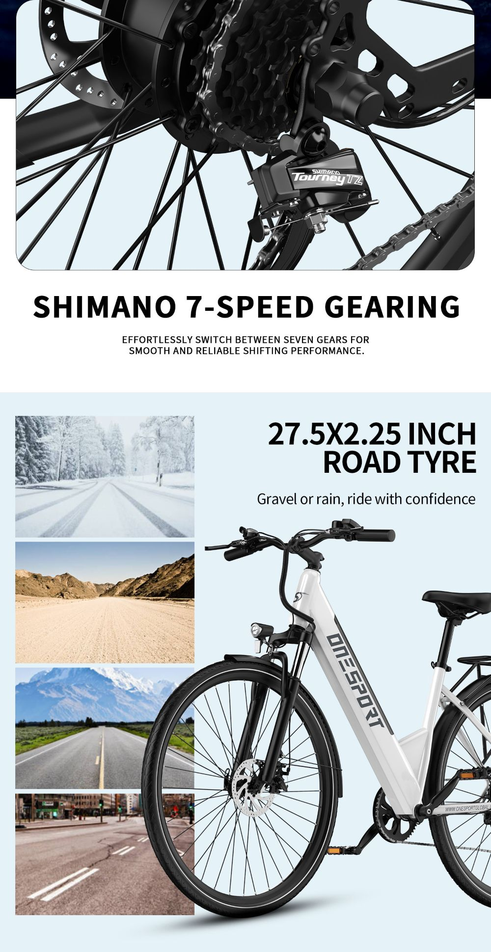 Una bicicleta eléctrica con la marca 'ONESPORT'. Incluye cambios Shimano, neumáticos de carretera e imágenes de diferentes terrenos.