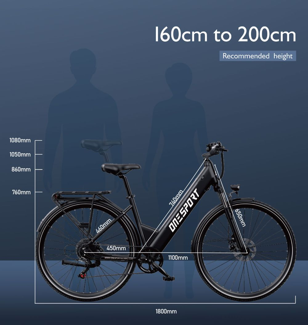Una bicicleta eléctrica ONESPORT negra con etiquetas de dimensiones, adecuada para alturas de 160cm a 200cm, sobre un fondo azul.