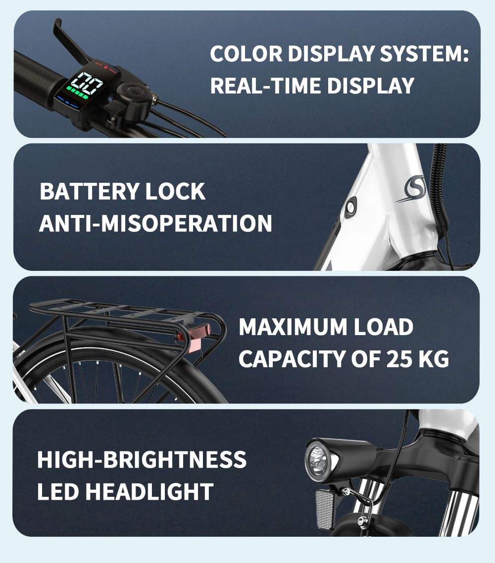 La imagen muestra características de una e-bike: pantalla a color, bloqueo de batería, portaequipajes con 25 kg de capacidad, faro LED.