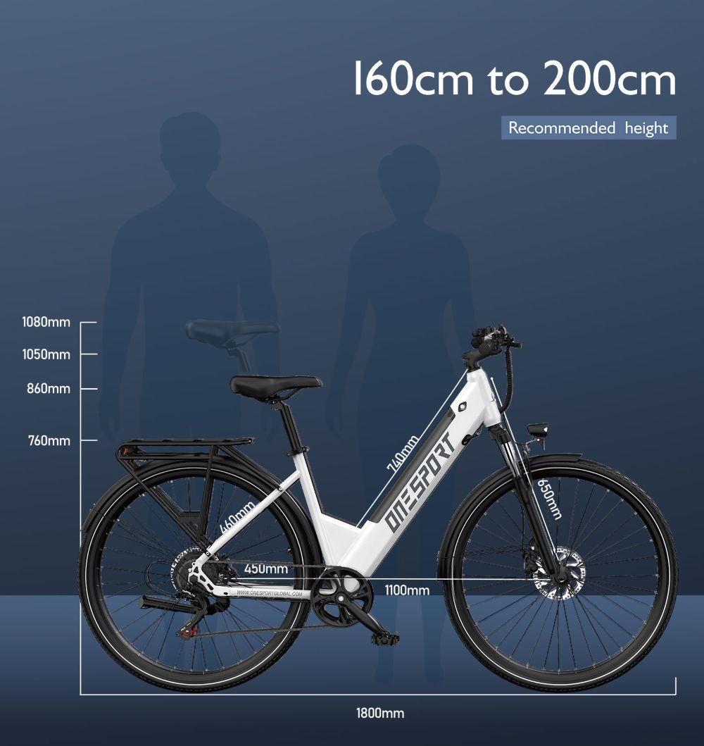 Una e-bike OneSport blanca y negra. Se muestran las dimensiones, con una altura recomendada de 160 cm a 200 cm.