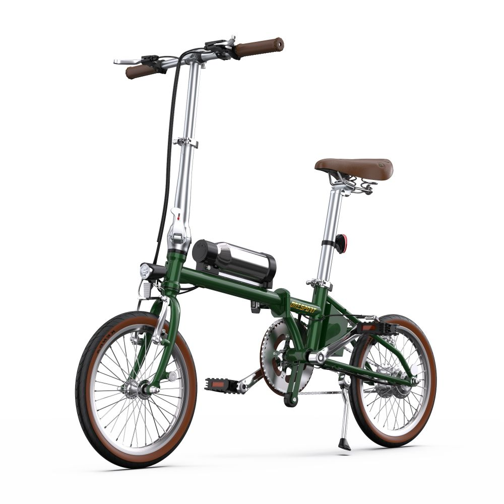 Una bicicleta plegable verde con neumáticos y asiento marrones sobre fondo blanco. Tiene batería y mira hacia la derecha.