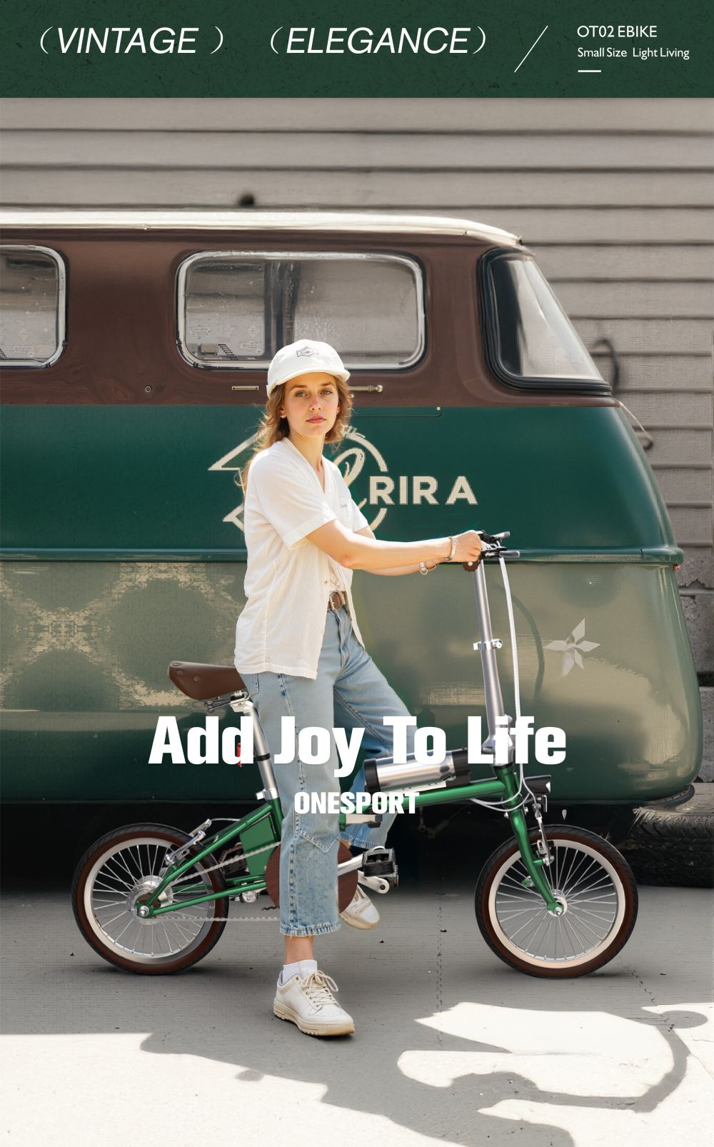 Una mujer sentada en una bicicleta verde frente a un autobús verde y marrón. El texto 'Add Joy To Life' es visible.
