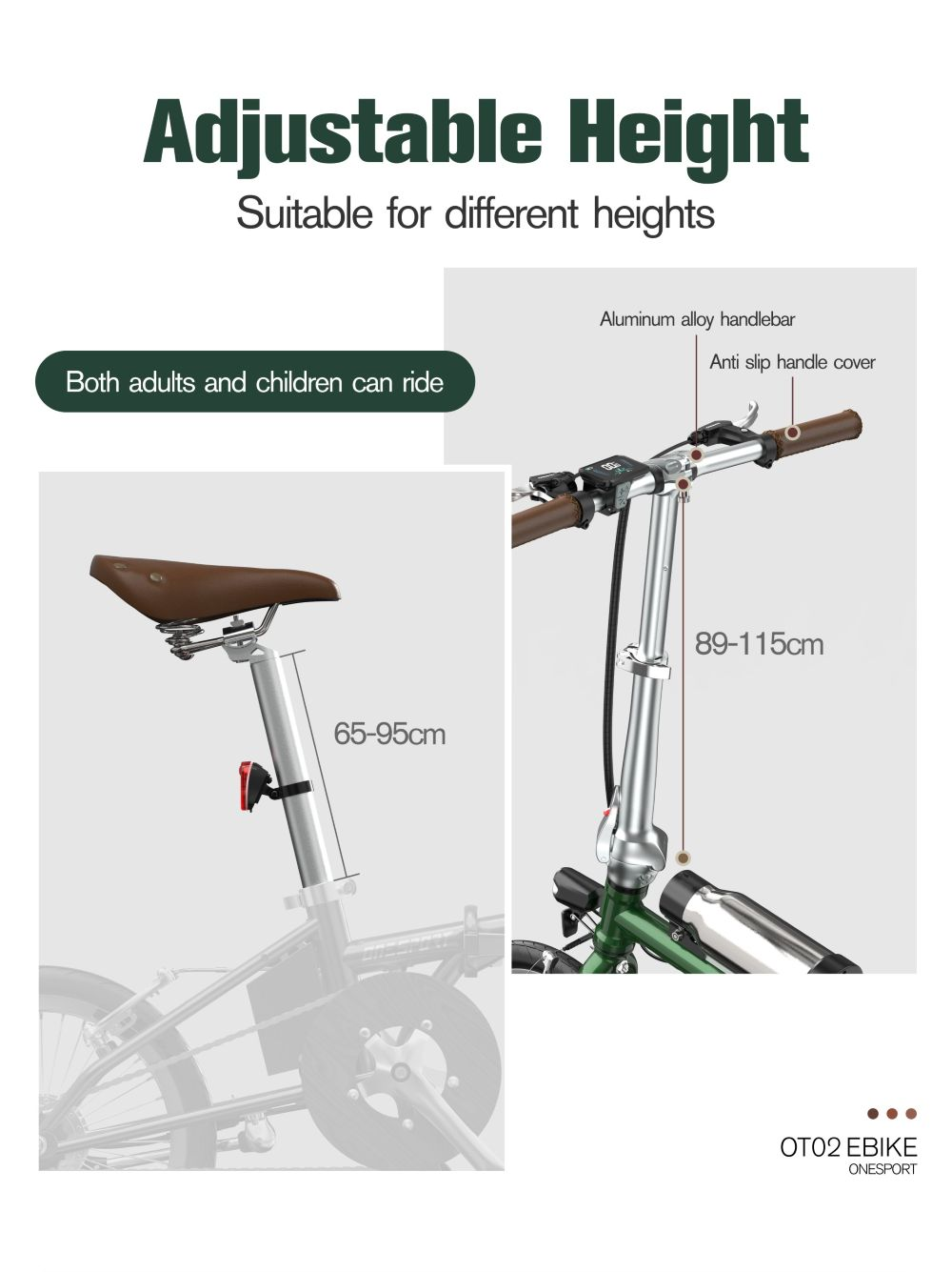 Diagrama de una bicicleta eléctrica de altura ajustable. Muestra el manillar, el asiento y las medidas de altura: 65-95 cm, 89-115 cm.