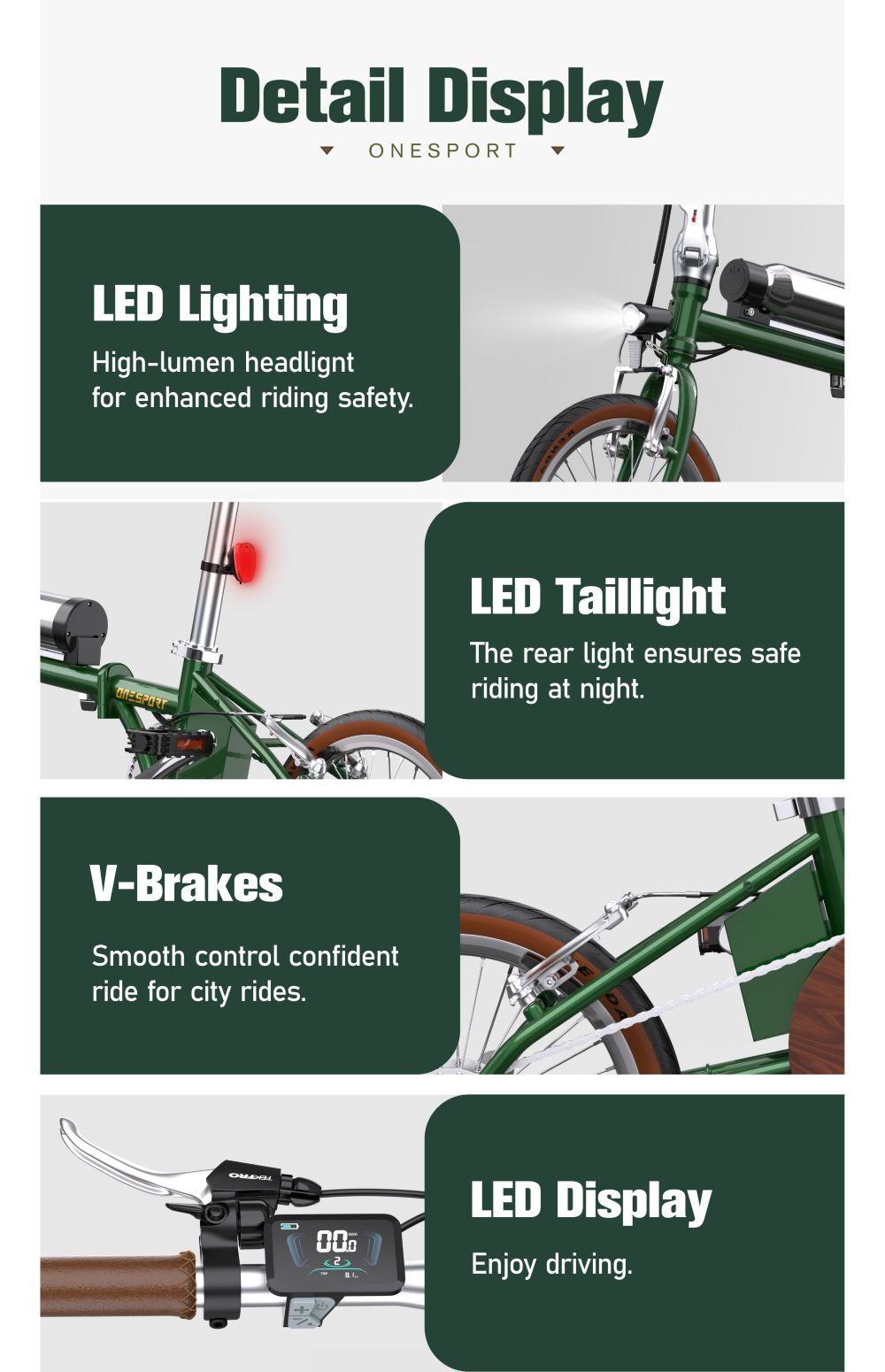 Pantalla detallada de una e-bike, mostrando luces LED, frenos y pantalla. Marco verde con detalles marrones.