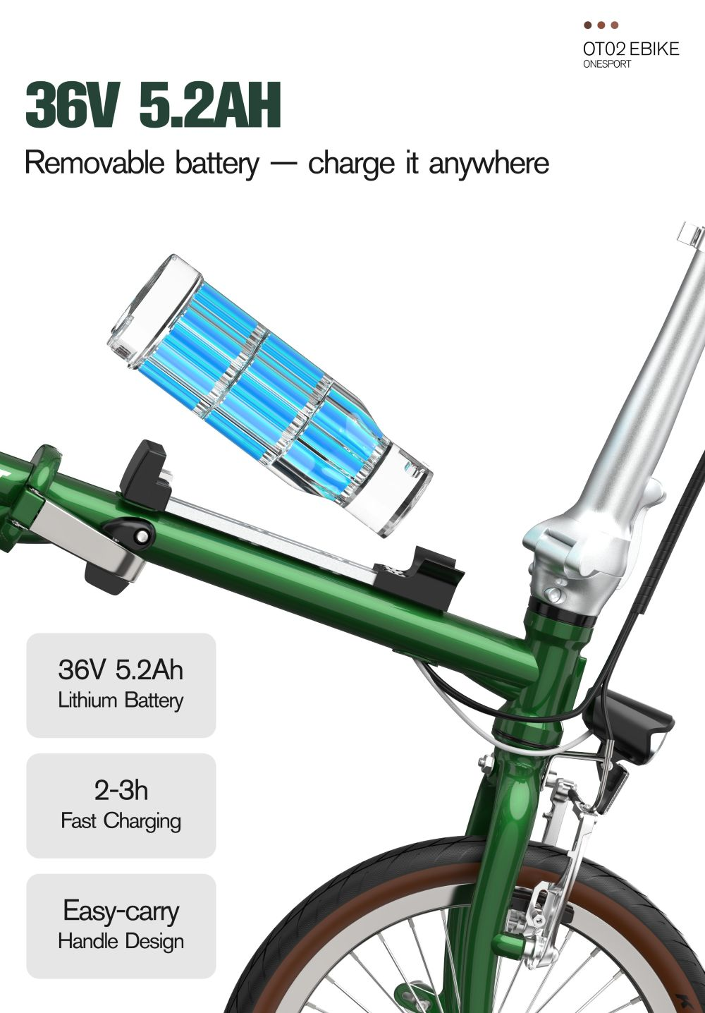 Se muestra una e-bike con batería extraíble. Destaca la batería de 36V 5.2Ah, la carga rápida y el diseño de asa fácil de transportar.