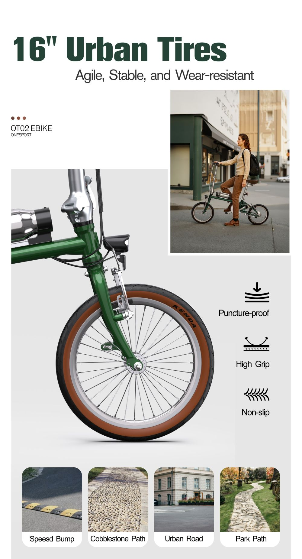 Anuncio de neumáticos urbanos de 16". Muestra una bicicleta, una persona montando y varias superficies de carretera. Incluye a prueba de pinchazos y alto agarre.