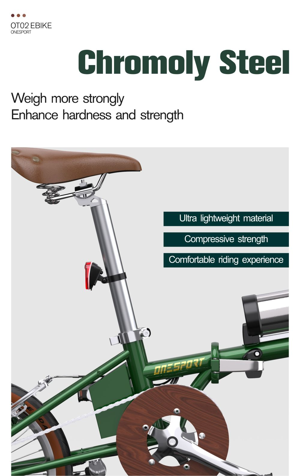 Una bicicleta verde y marrón con asiento marrón, rueda de madera y texto Chromoly Steel. Tiene material ultraligero.