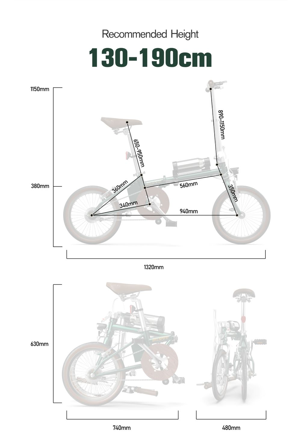 Diagramma di una bicicletta pieghevole con dimensioni in millimetri. Include viste piegate e spiegate e intervallo di altezza consigliato.