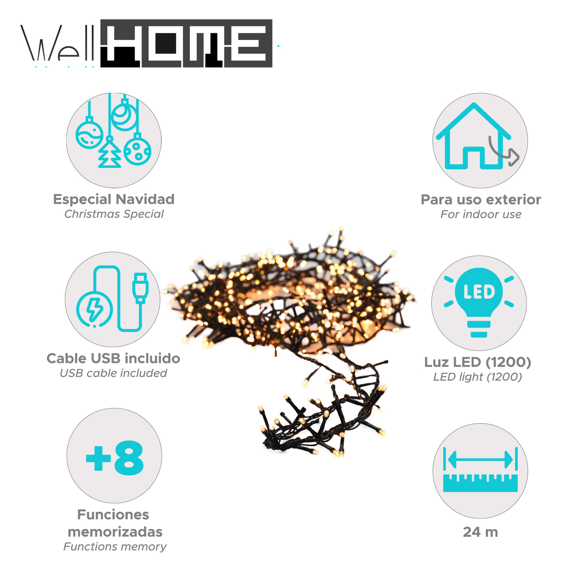 La imagen muestra luces navideñas con funciones como cable USB, LED y 24m de longitud.