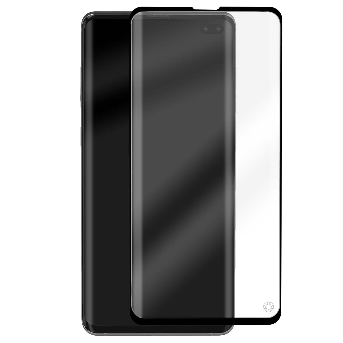 Un smartphone avec un protecteur d'écran. Le téléphone est noir, le protecteur transparent avec des bords noirs. Le fond est blanc.