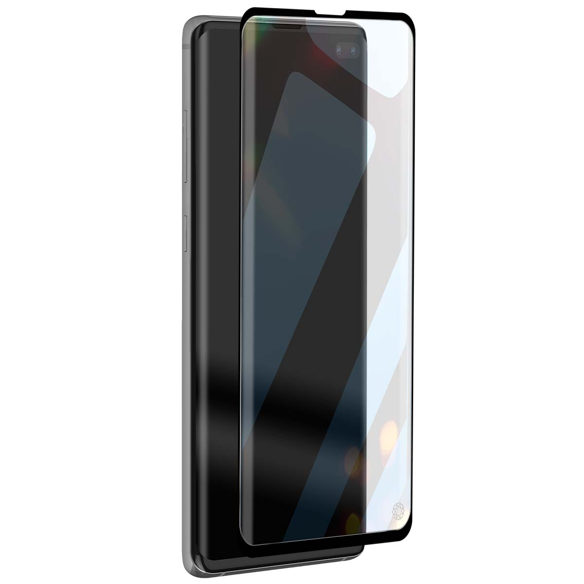Un smartphone avec un protecteur d'écran appliqué. Le téléphone est argenté et noir, avec un protecteur d'écran transparent.