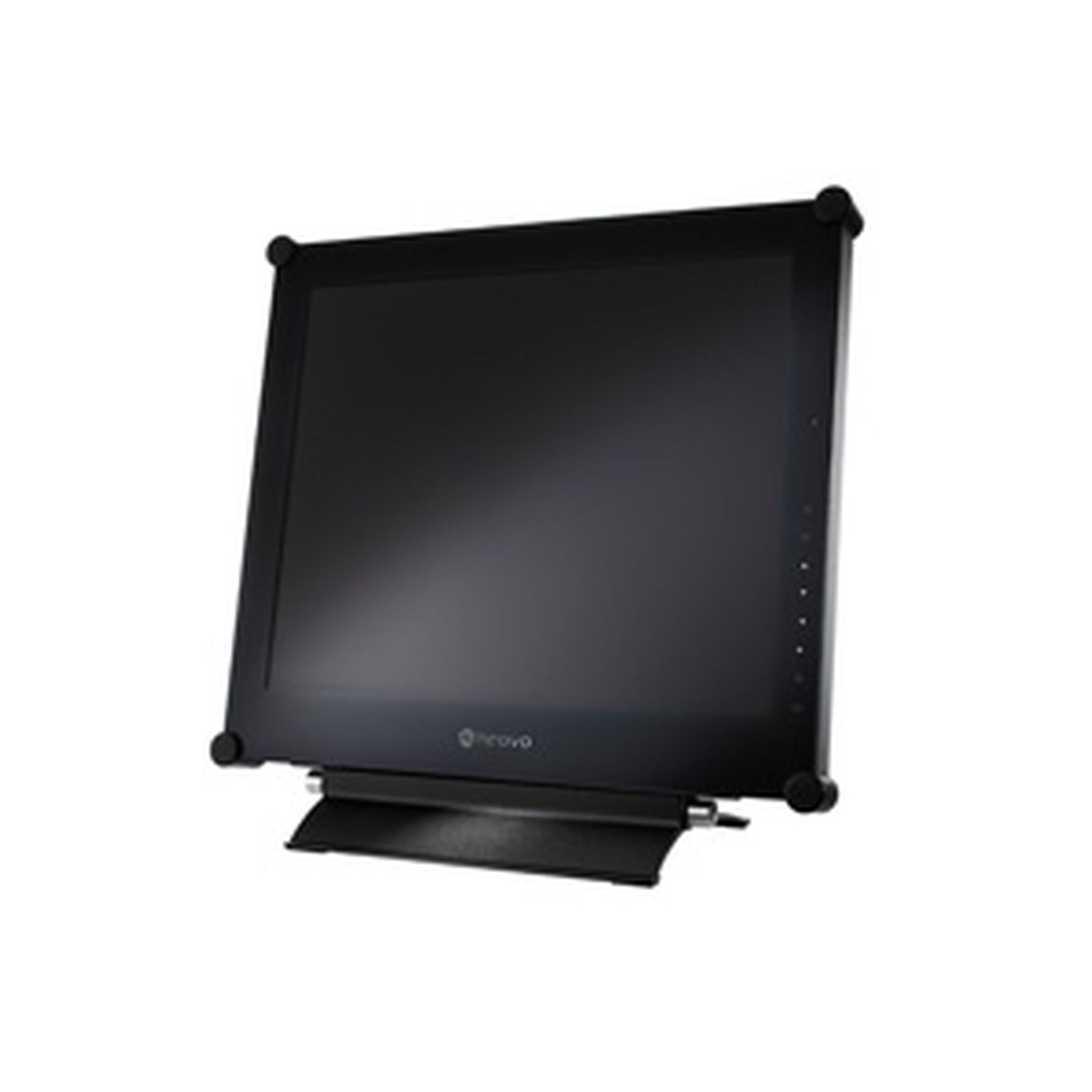 Un monitor de pantalla táctil negro sobre un soporte, con un diseño elegante y fondo blanco.