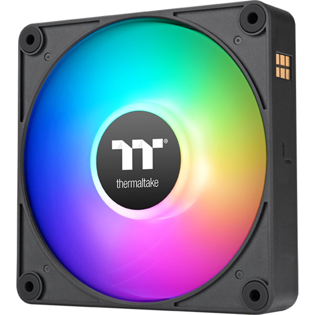 Un ventilateur d'ordinateur avec un cadre noir et un affichage lumineux arc-en-ciel. Le centre porte le logo Thermaltake.