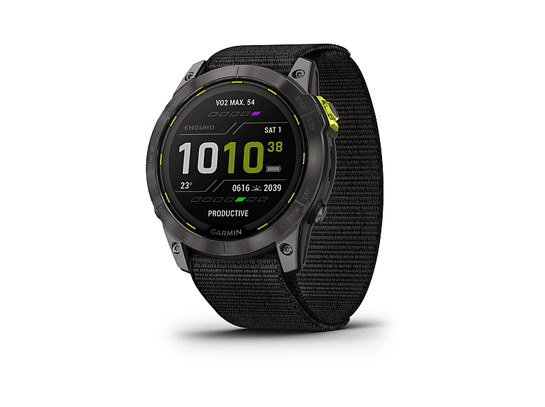 GARMIN Garmin Smart watch Enduro 2 Solar Sapphire CarbonGrey DLC Titanium/Black UltraFit Smartwatch Glasfaserverstärktes Polymer (GFRP), Titan Nylon/Haut, Universalgröße, Schwarz