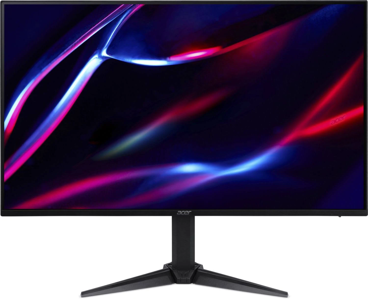 Monitor Acer wyświetla dynamiczne abstrakcyjne tło z czerwonymi, niebieskimi i białymi smugami. Monitor stoi na czarnym stojaku.