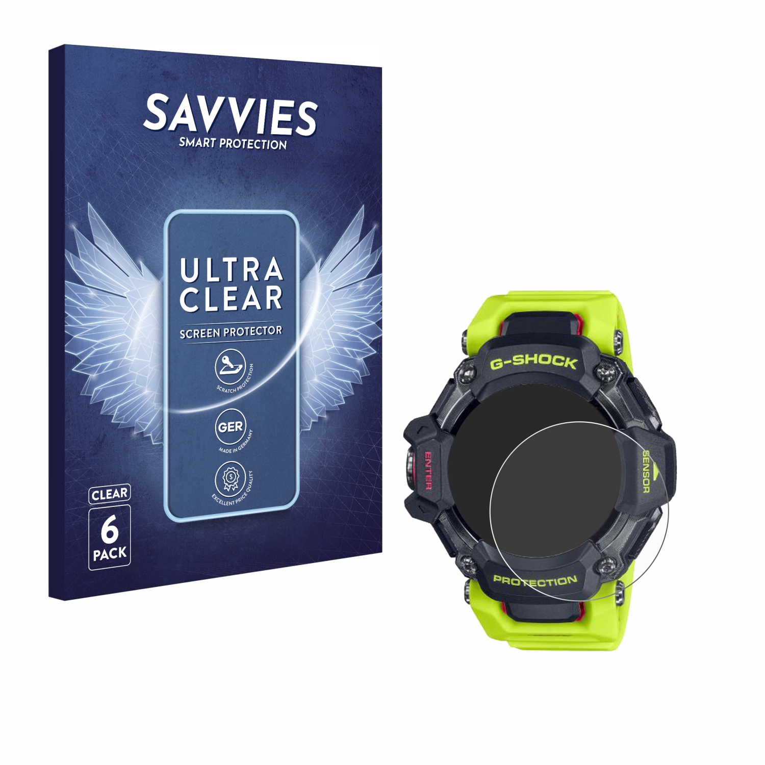 Eine Displayschutzfolienbox und eine G-Shock-Uhr. Auf der Box steht 'ULTRA CLEAR SCREEN PROTECTOR'. Die Uhr ist schwarz und neongrün.