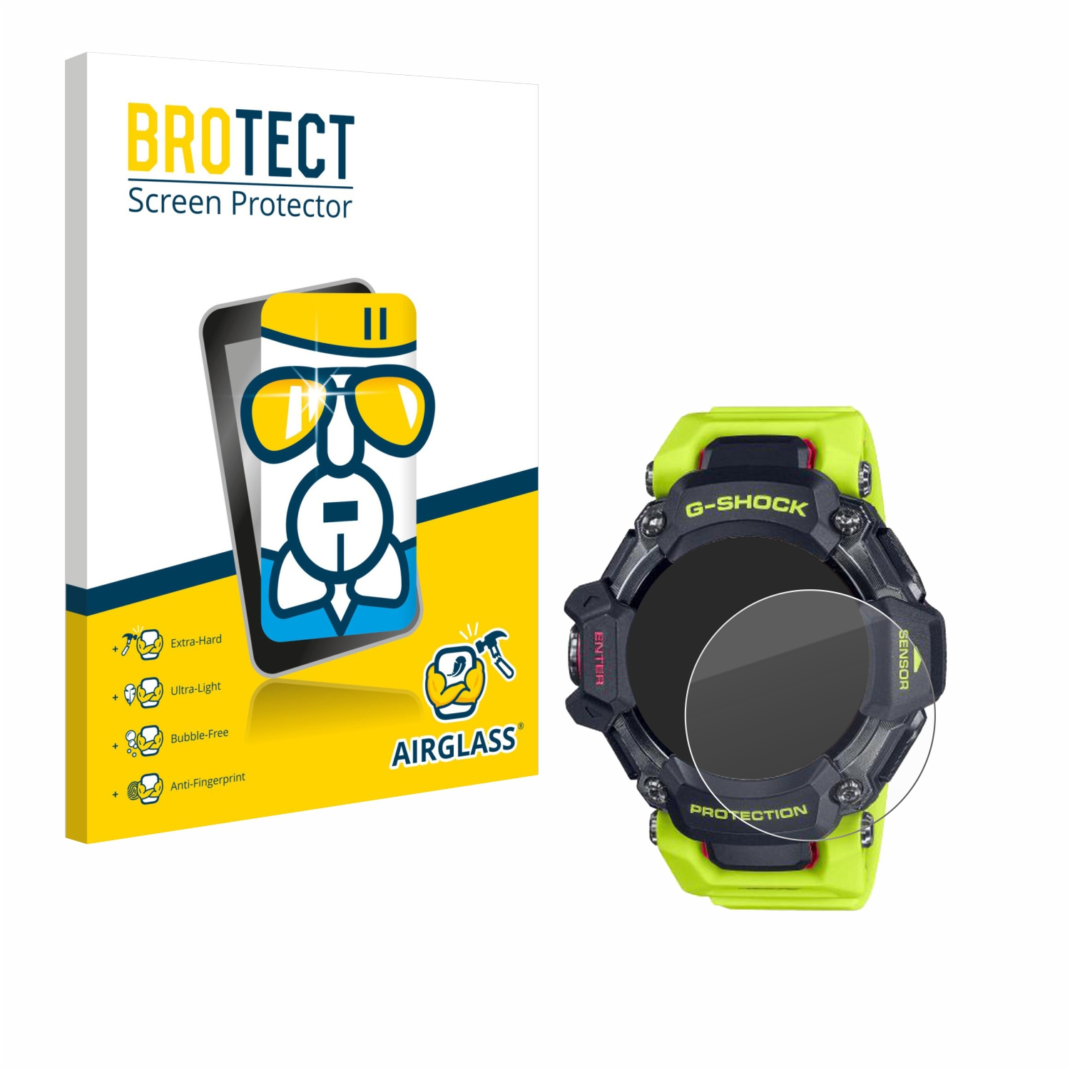 Eine Displayschutzfolienbox neben einer G-Shock-Uhr. Auf der Box steht BROTECT. Die Uhr hat eine Displayschutzfolie.
