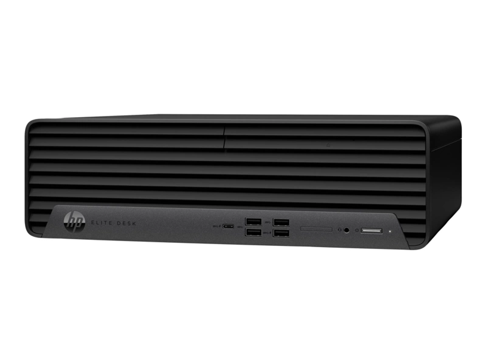 Ein schwarzer HP Elite Desk-Computer. Die Vorderseite hat horizontale Linien, ein Logo und mehrere Anschlüsse. Es ist auf weißem Hintergrund.