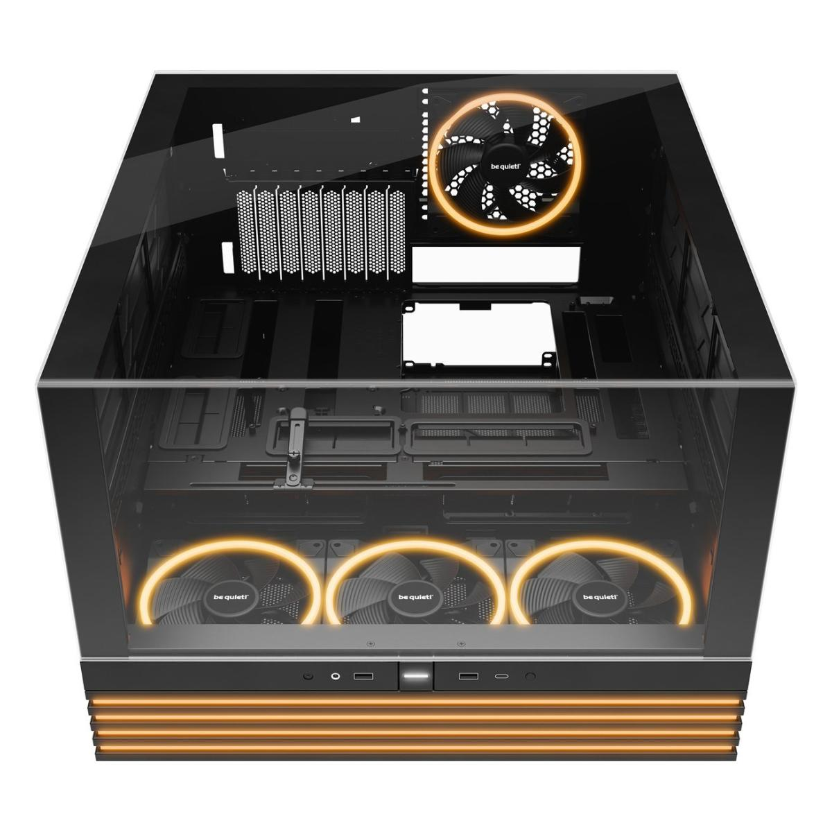 Ein Computergehäuse mit Lüftern und orangefarbenen Lichtern. Das Innere ist sichtbar und zeigt Komponenten wie Lüfter und ein Motherboard.