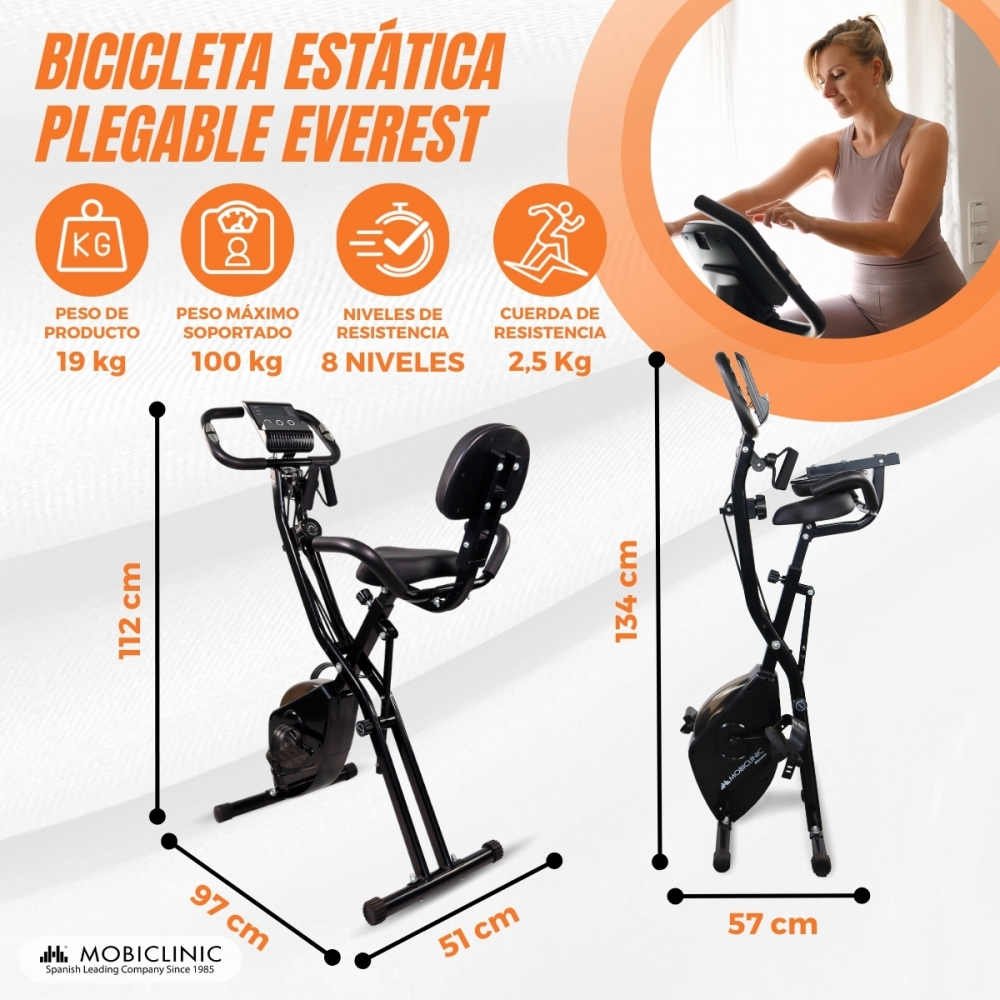 Una bicicleta estática con especificaciones, una mujer usándola y una bicicleta plegada. Texto: 'Bicicleta Estática Plegable Everest.'