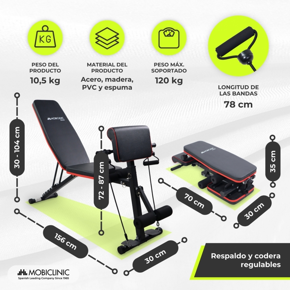 Banco de fitness con dimensiones, peso e información del material. Incluye un diagrama con medidas y características ajustables.