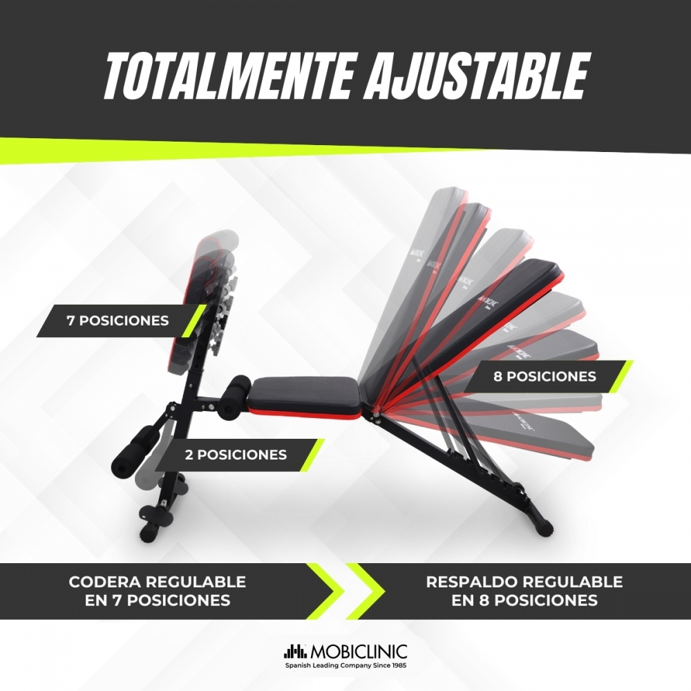 Banco de pesas ajustable con 7 posiciones de reposabrazos, 2 de asiento y 8 de respaldo. Diseño negro y rojo, se muestran varios ángulos.