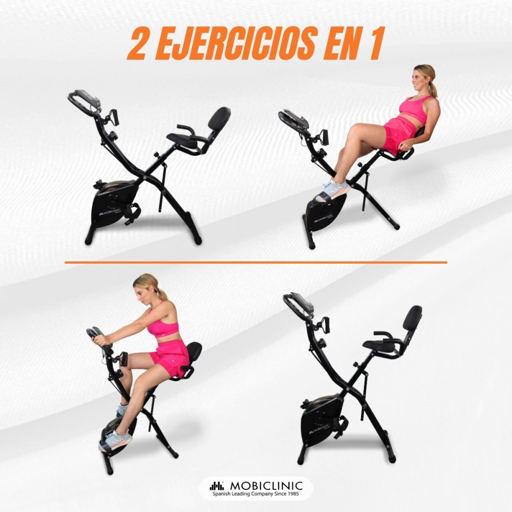 La imagen muestra una bicicleta de ejercicio con una mujer en ropa deportiva rosa usándola en diferentes posiciones. El texto dice '2 ejercicios en 1'.