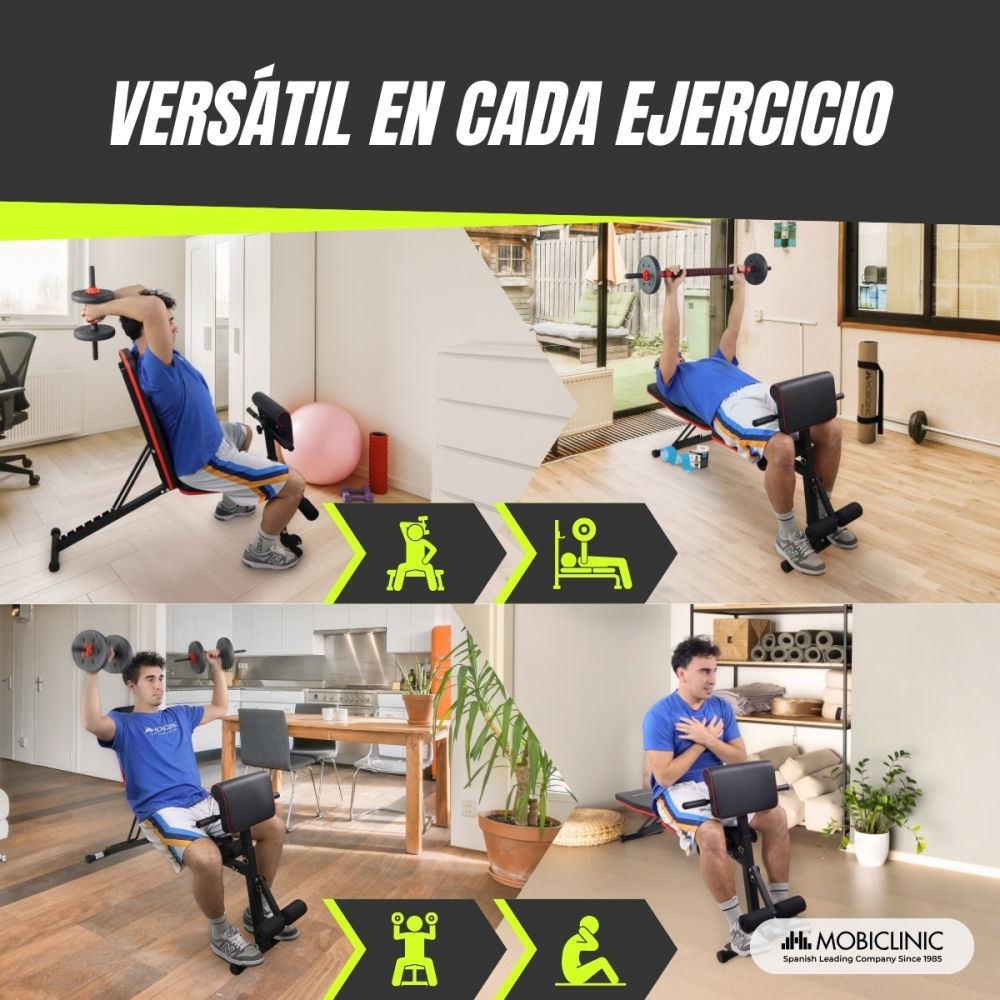 La imagen muestra a un hombre haciendo ejercicio con pesas en un banco de entrenamiento. El texto dice: VERSÁTIL EN CADA EJERCICIO.
