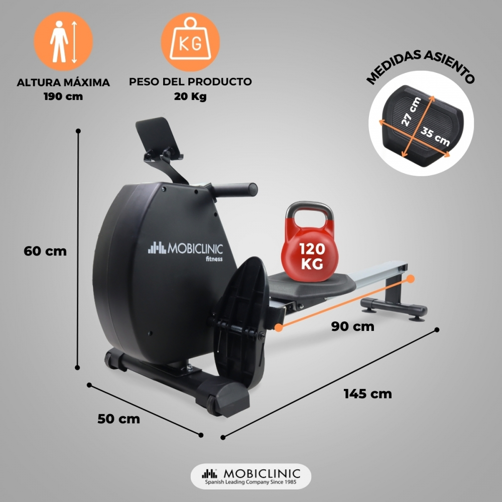 Una máquina de remo negra MOBICLINIC con dimensiones etiquetadas. Una pesa rusa roja está en el asiento. Altura máx. 190 cm, peso del producto 20 kg.