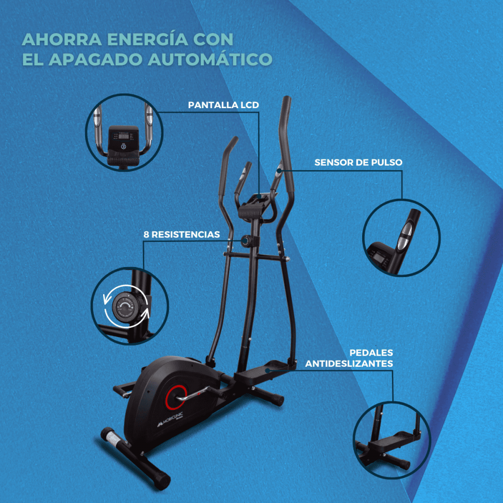 Máquina elíptica negra con pantalla LCD, sensor de pulso, 8 resistencias y pedales antideslizantes sobre fondo azul degradado.