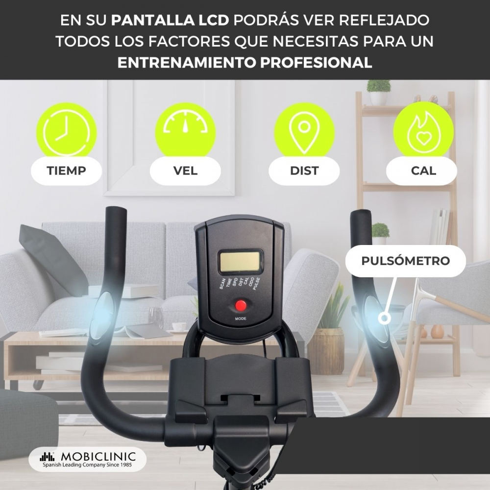 Bicicleta estática con pantalla LCD que muestra tiempo, velocidad, distancia y calorías. Texto dice 'entrenamiento profesional'.