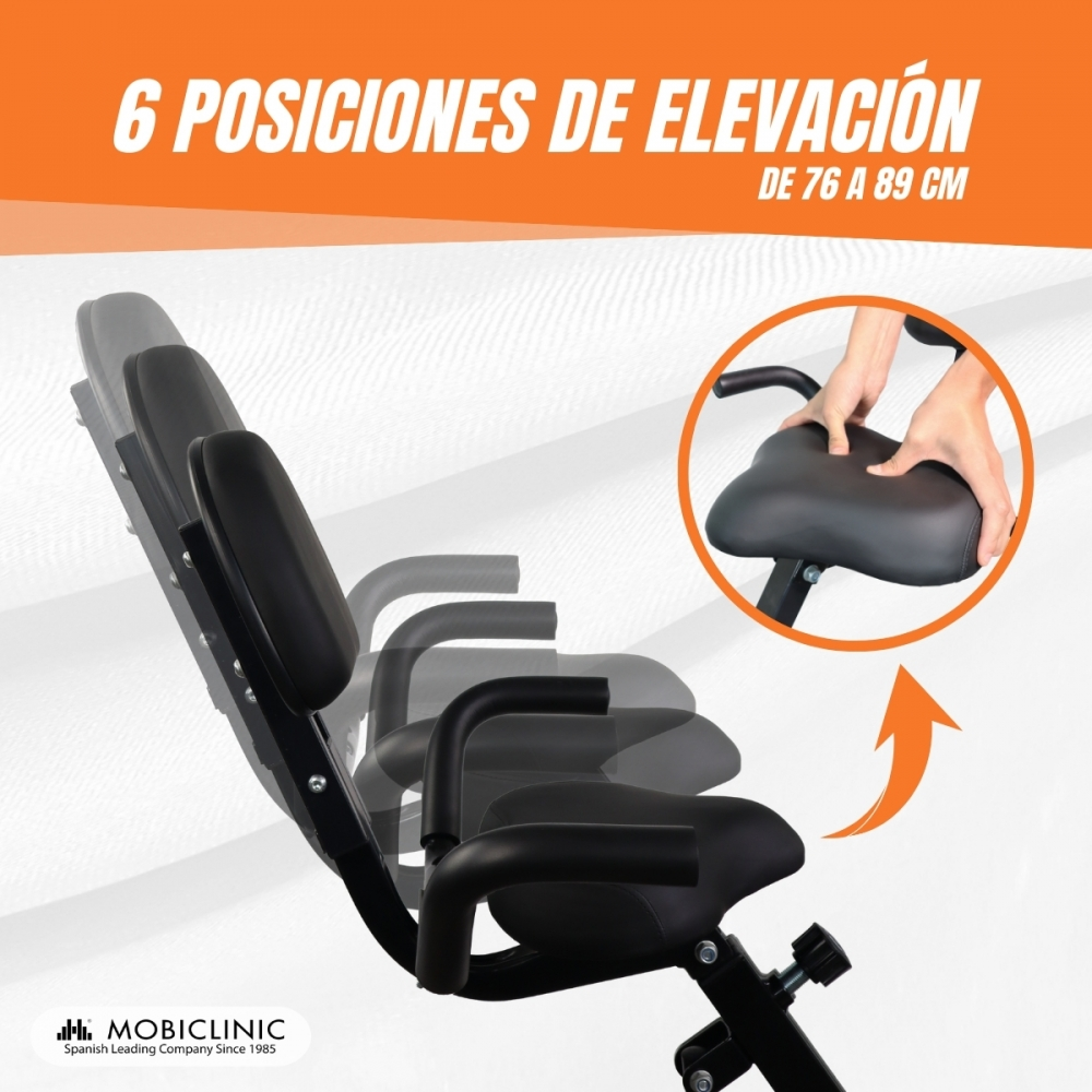 Se muestra una bicicleta estática con múltiples posiciones de elevación. Una mano ajusta el asiento. El texto dice '6 posiciones de elevación'.
