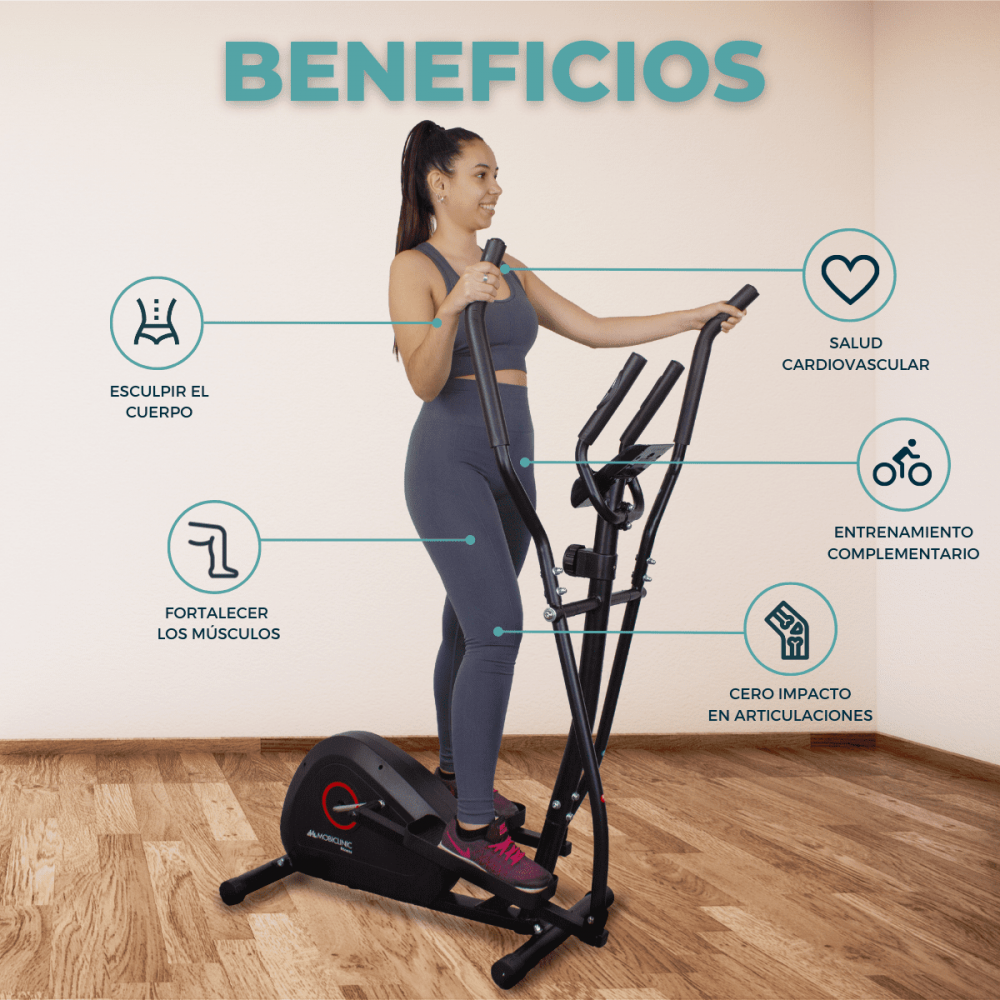 Una mujer se ejercita en una elíptica negra. Beneficios: esculpir el cuerpo, fortalecer músculos, salud cardiovascular e impacto en articulaciones.