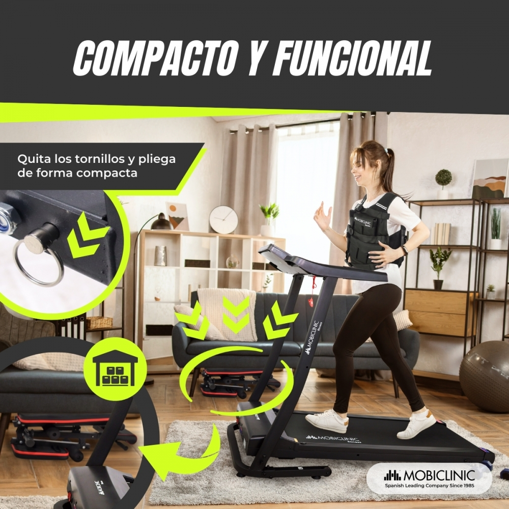 Una mujer corre en una cinta de correr. La imagen promociona una cinta de correr compacta y funcional. Incluye texto en español.