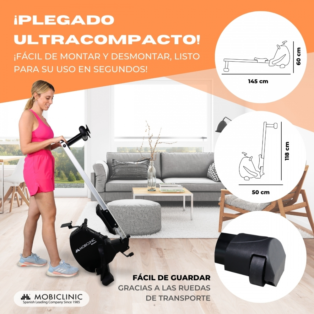 Mujer usando una máquina de remo negra y plateada. La máquina es compacta y fácil de guardar. Las dimensiones se muestran en la imagen.