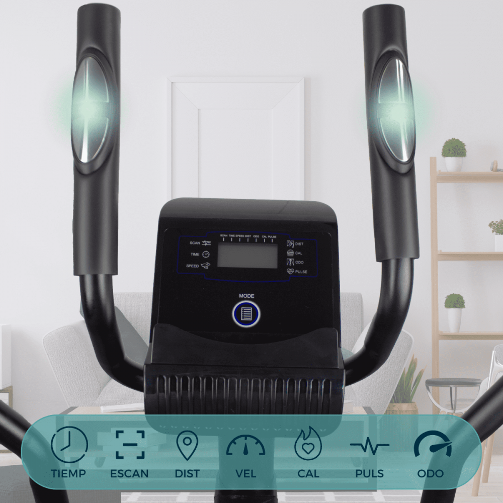 Una consola de bicicleta estática con una pantalla digital que muestra el tiempo, la velocidad y otras métricas. Tiene mangos con luces.