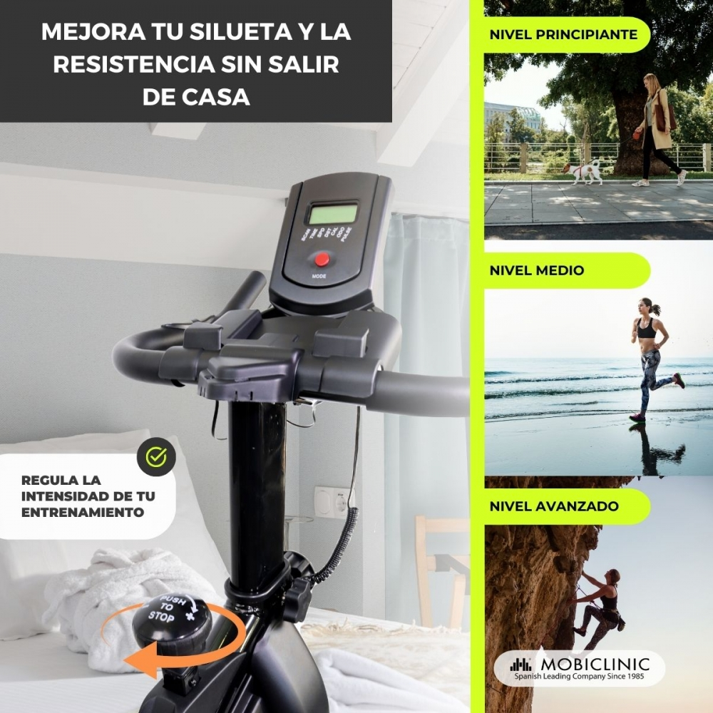 Cinta de correr en una habitación. Tres imágenes muestran niveles de ejercicio: caminar, correr en la playa, escalar rocas. Texto dice 'Mejora la forma física en casa'.