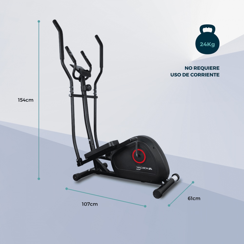 Máquina elíptica negra con dimensiones etiquetadas. Incluye un gráfico de peso de 24 kg y texto: No requiere uso de corriente.