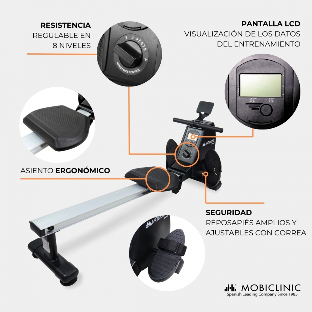 Máquina de remo con pantalla LCD, resistencia ajustable, asiento ergonómico y reposapiés ajustables. Diseño en negro y plateado.