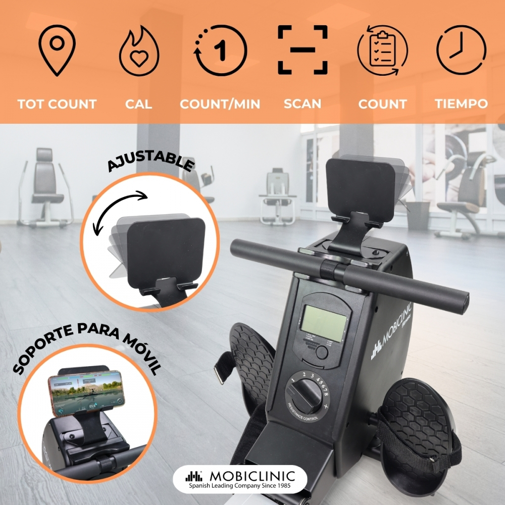 Máquina de remo negra con soporte para teléfono. Tiene pantalla digital y control de resistencia. El fondo muestra equipos de gimnasio e iconos.