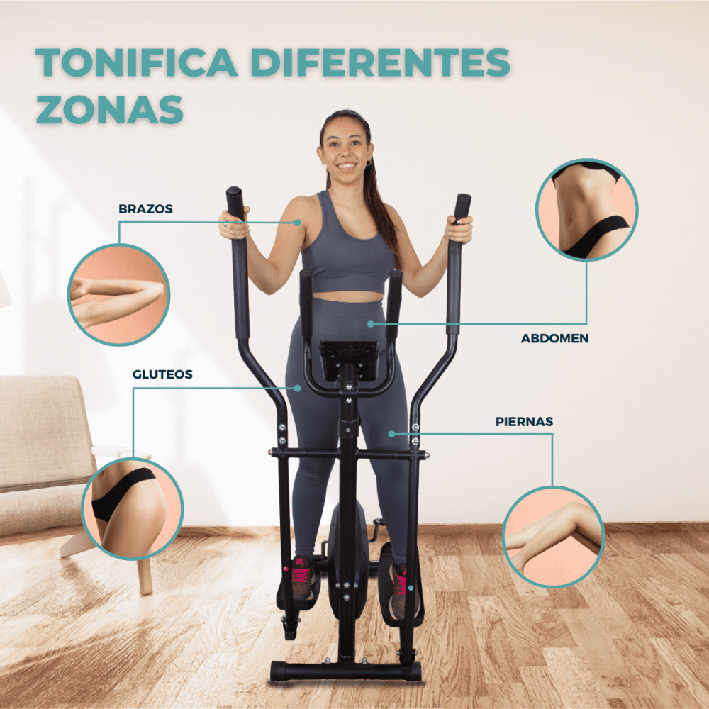 Mujer en elíptica, destacando grupos musculares. Texto: 'Tonifica diferentes zonas'. Muestra brazos, glúteos, abdomen y piernas.
